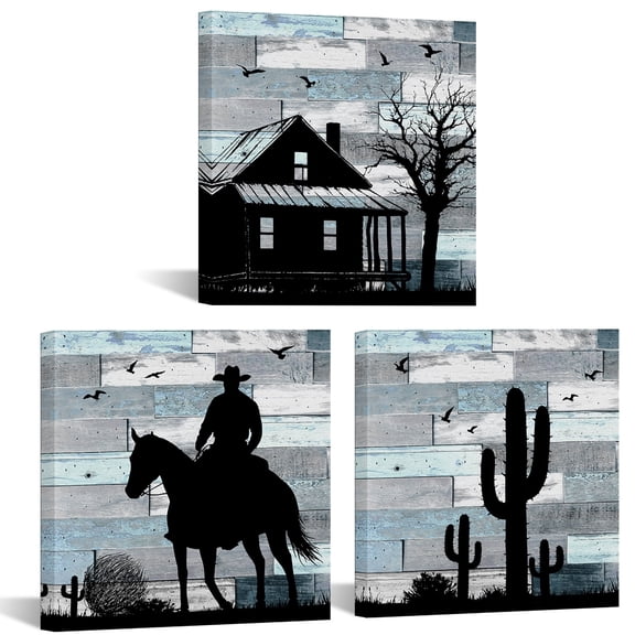 Furnster Set of 3 Vintage Western Cowboy Wall Art Prints 12''x12'' Canvas Decor Rustic Cowboy, House, and Cactus Landscape Art for Farmhouse, Bedroom