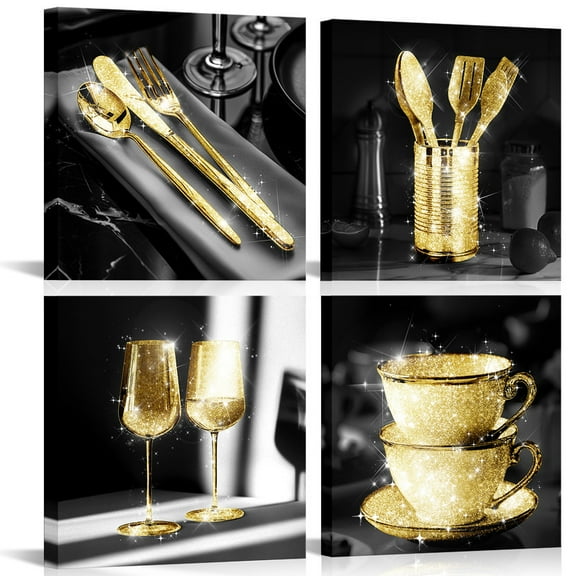 Furnster Shiny 4Pcs Framed Canvas Prints Glamorous Tableware Wall Art with Wine Glass Coffee Cup Knife Fork 12"x12" Kitchen Decor
