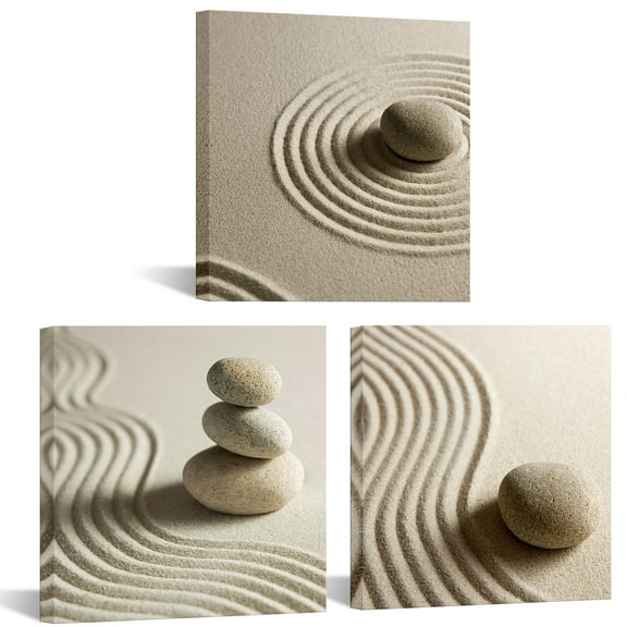 Furnster Stone and Sand Canvas Wall Art Zen Stone Sand Prints Canvas Art for Spa Room Framed 12''x12'' Prints 3Pcs