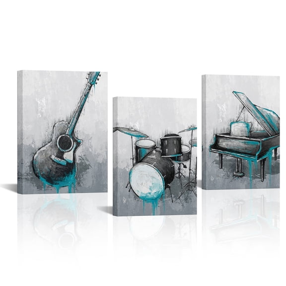 Furnster Vintage Music Canvas Wall Art Piano Guitar Drum Framed Prints for Music Room Living Room Decor 12''x16''x3pcs