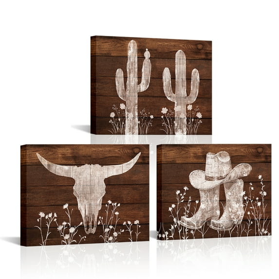 Furnster Western Cowboy Boots Cactus Farmhouse Wall Art Rustic Country Canvas Prints Decor for Home Office Cabin 12''x16''x3Pcs