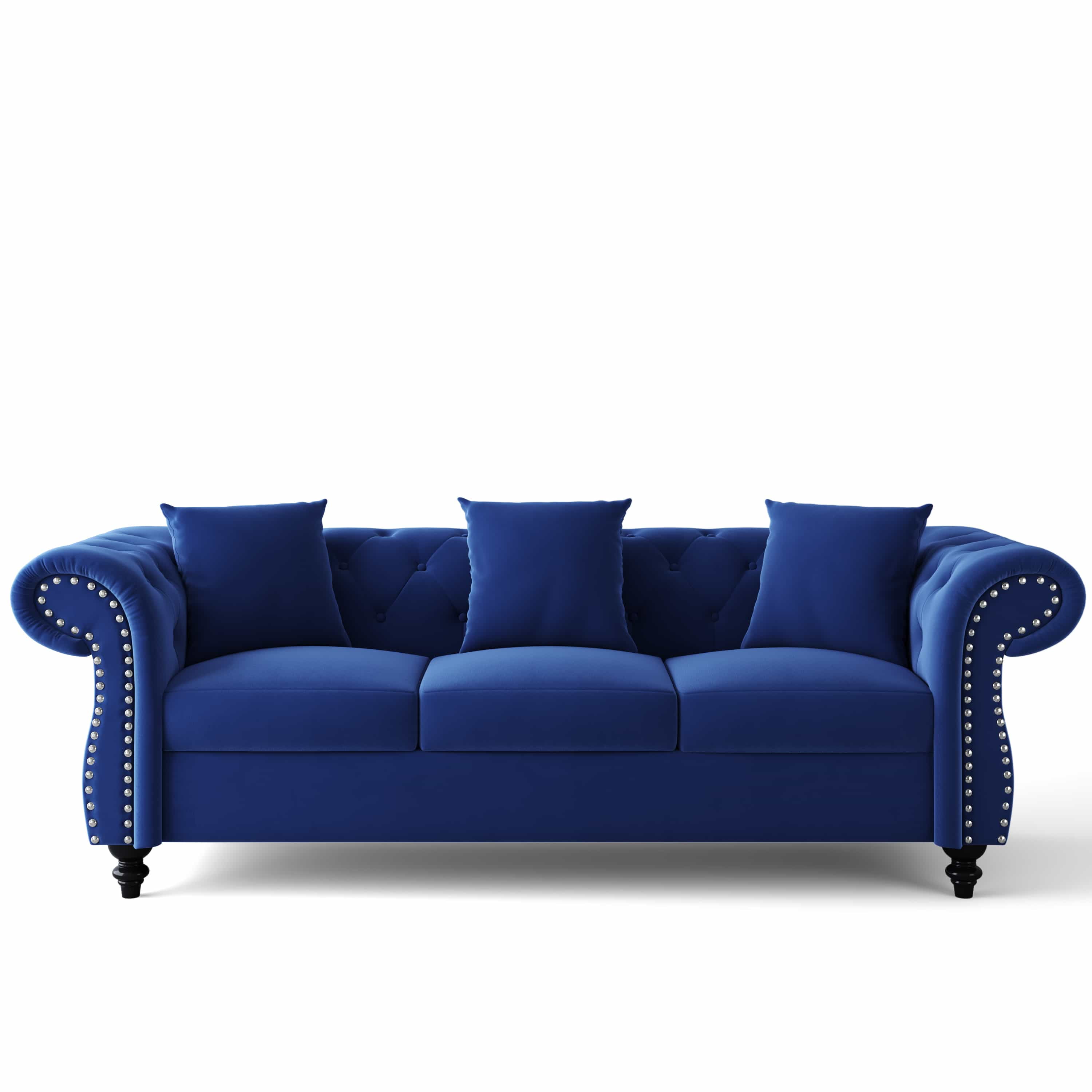 Furntsy Tufted Chesterfield Velvet Upholstered Sofa Scrolled Arms with ...