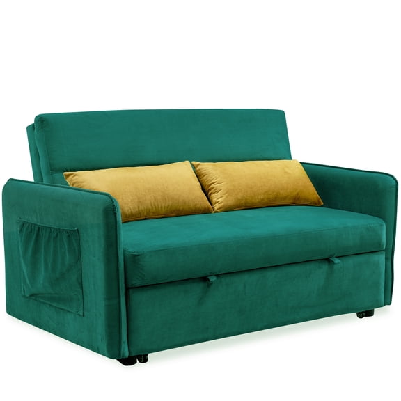 Furntsy Velvet Sofa Bed with 2 Pillows, Adjustable Backrest, and 2 Big Side Pocket, Green