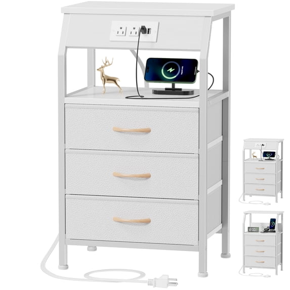 Furnulem 3 Drawer Night Stand with Charging Station,Bedside Table with Fabric Drawers,Small Dresser for Bedroom,White