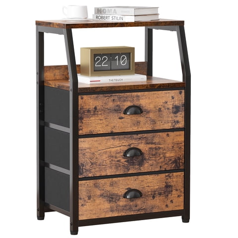 Furnulem 3 Drawers Nightstand, Fabric Dresser for Bedroom, Living Room, Rustic