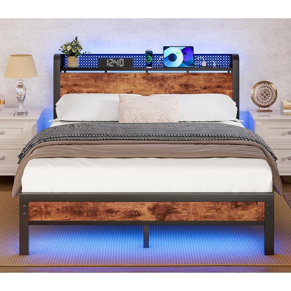 Furnulem Full Bed Frame with LED Lights,Industrial Storage Headboard with Charging Station,USB Port,Under Bed Storage,Wood Platform with Strong Metal Support,No Box Spring Needed