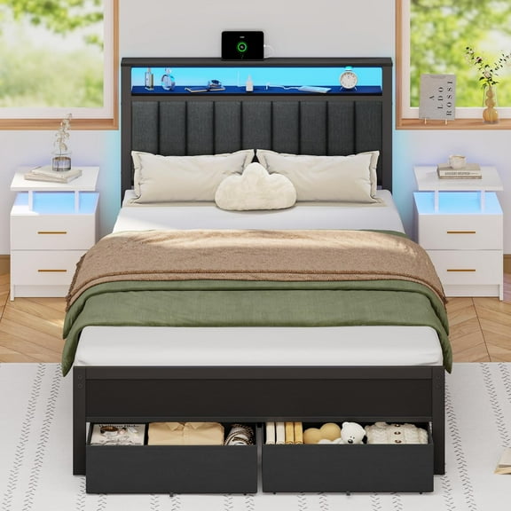 Furnulem Full Size Bed Frame with Charging Station and LED Lights, Grey Upholstered Headboard with Shelves, Metal Platform Bed with Under-Bed Storage (Fabric Drawer on Wheels), No Box Spring Needed
