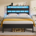 thumbnail image 1 of Furnulem Full Size Bed Frame with LED Light and Charging Station, Wood Storage Headboard with 2-Tier Shelves, Metal Platform Bed with Heavy Duty Slats Support, No Box Spring Needed, Black Oak, 1 of 9
