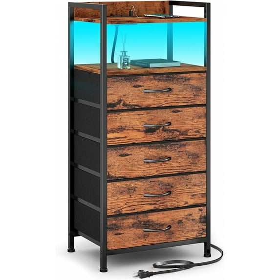 Furnulem Night Stand with Charging Station, Black Nightstand with Drawers and Led Light, Tall Dresser for Bedroom, Bedside Table with Fabric Storage Bins, Metal Frame, Wood Furniture