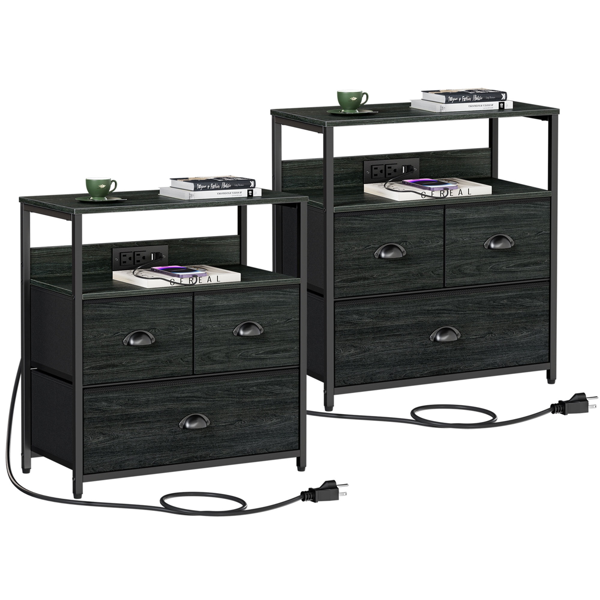 Furnulem Nightstand with Charging Station Set of 2, Bedside Tables with