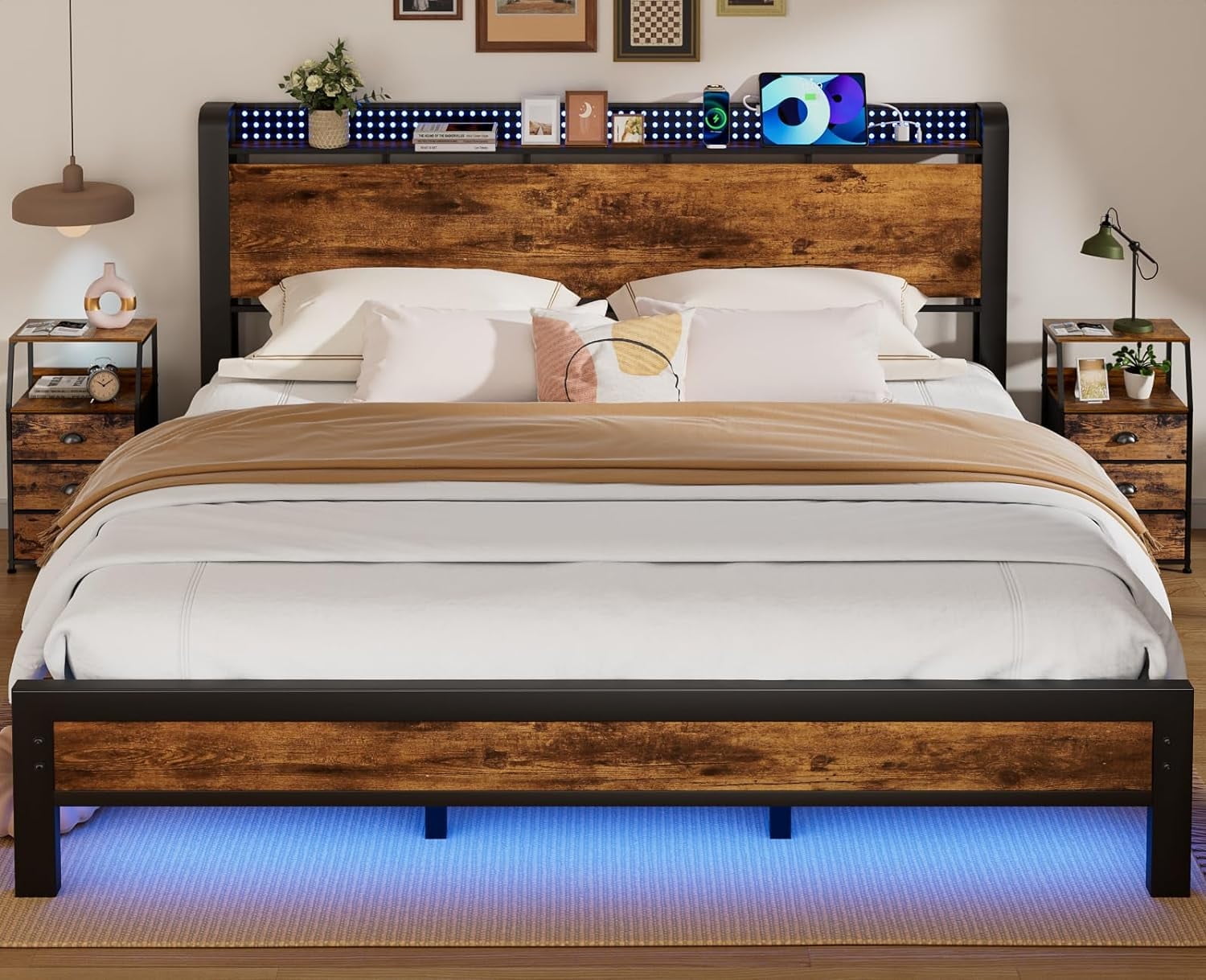 Furnulem Queen Bed Frame with LED Lights, Storage Headboard with Charging Station & USB Port, Metal Mesh Platform Bed Frame with 1000lbs Support, Noise Free