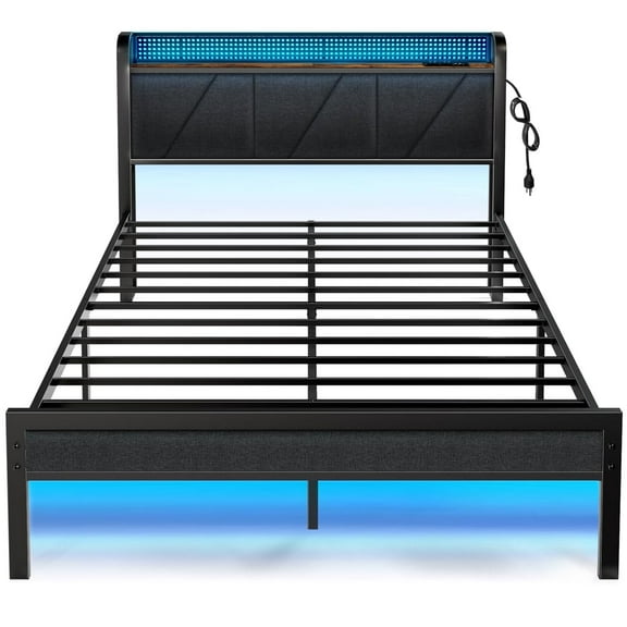 Furnulem Queen Bed Frame with LED Lights, Upholstered Platform Bed Frame with Charging Station & USB Port for Adult, 1000lbs Support