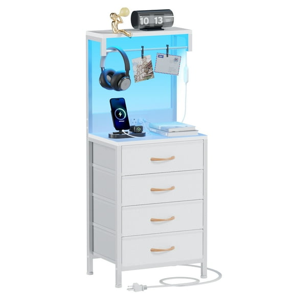 Furnulem Tall Nightstand with 4 Drawers and Charging Station,LED Night Stand for Bedroom,Dorm,Bedside Table and Bookshelf 2 in 1, White
