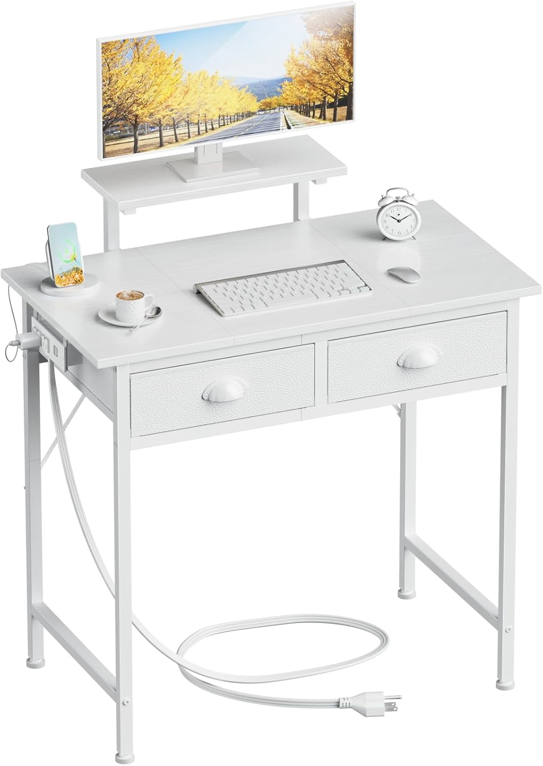 Furologee 30 Inch Small Desk with 2 Fabric Drawers, White Vanity Desk ...