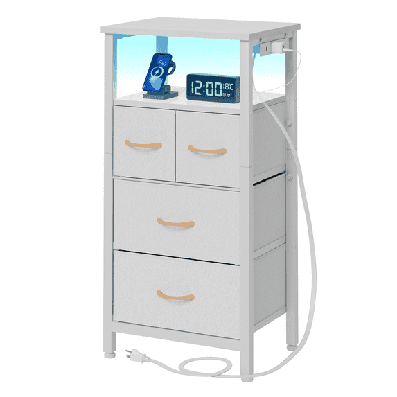 Furologee 33" Nightstand with Charging Station, End Table with 4 Fabric Drawers Bedside Table for Bedroom, Closet, Dorm, White