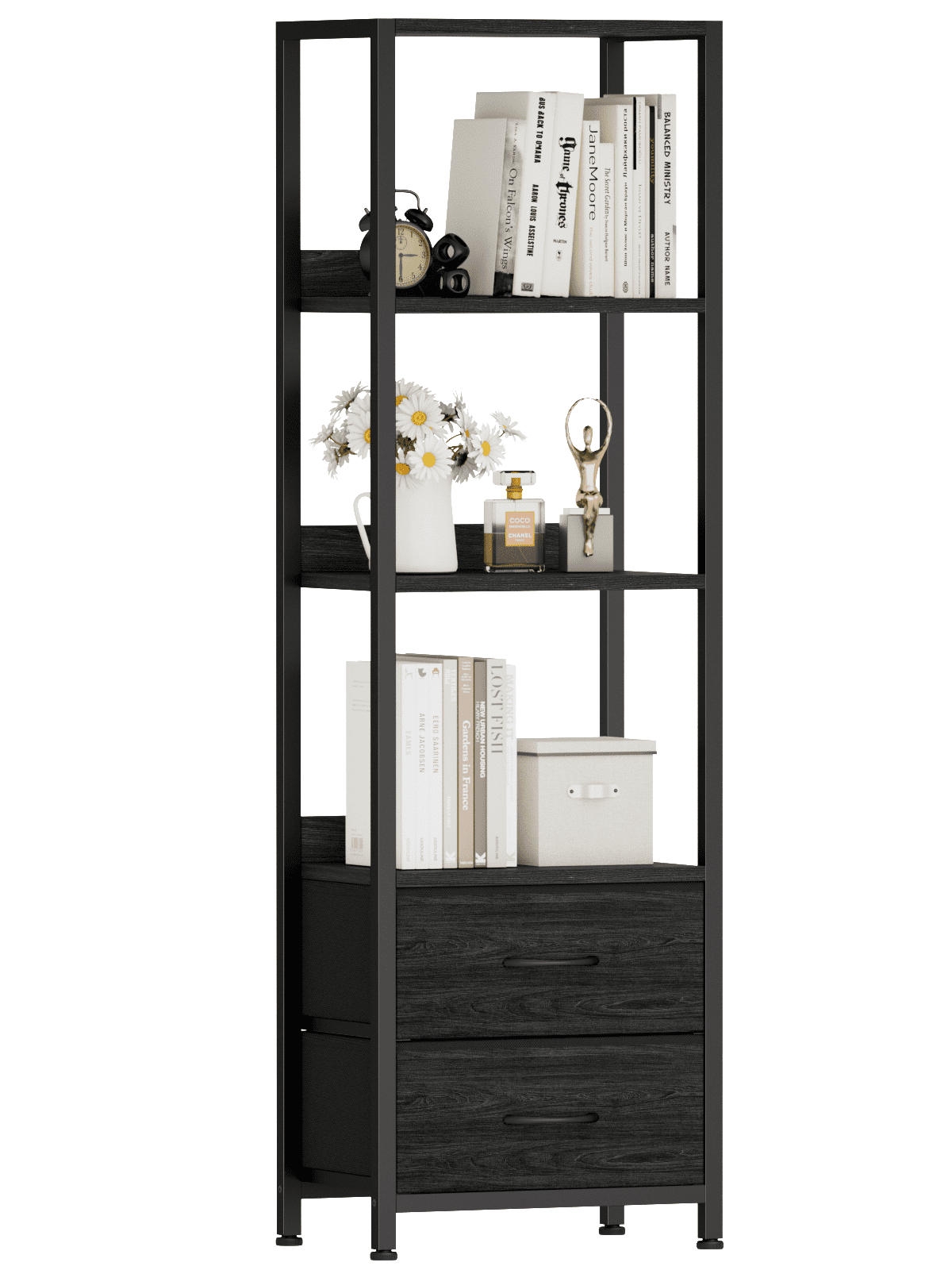 Furologee 4 Tier Narrow Bookshelf With Drawer - Wood & Metal Industrial Shelf For Living Room, Bedroom, Entryway (Black)
