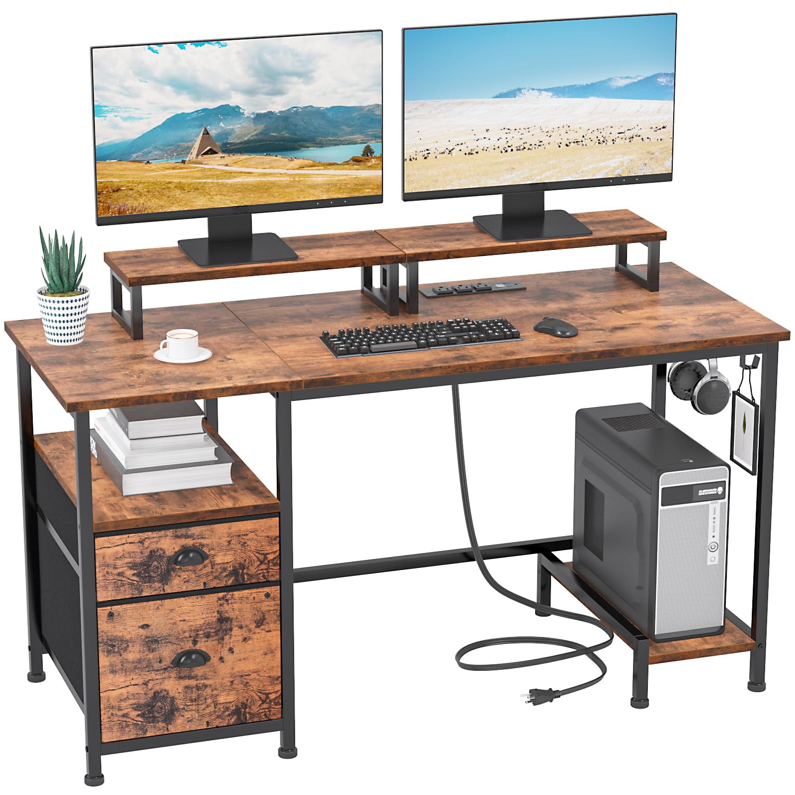 Furologee 47" Computer Desk With 4 Fabric Drawers & Monitor Stand - View #4