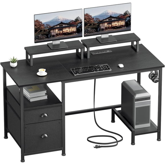 Furologee 47" Computer Desk with File Cabinet and Power Outlets, Home Office Desk with 2 Monitor Stands and Storage Drawer, Gaming Table with Shelves and 2 Hooks for Bedroom, Black