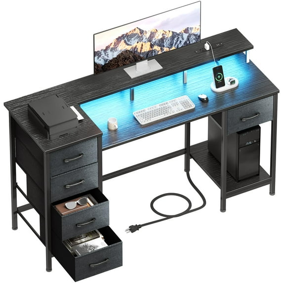 Furologee 47 Inch Computer Desk with 5 Fabric Storage Drawers,Gaming Desk with Power Outlets & LED Lights,Reversible Home Office Desk with Monitor Stand for Working Writing Study, Black