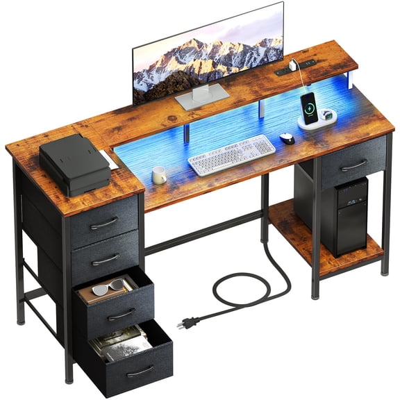 Furologee 47 Inch Computer Gaming Desk with Power Outlets & LED Lights Reversible Home Office Desk with Adjustable 5 Fabric Storage Drawers for Working Writing Study, Carbon Fiber Black