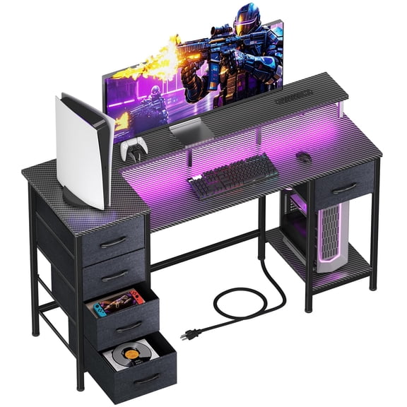 Furologee 47 Inch Computer Gaming Desk with Power Outlets & LED Lights Reversible Home Office Desk with Adjustable 5 Fabric Storage Drawers for Working Writing Study,Gray