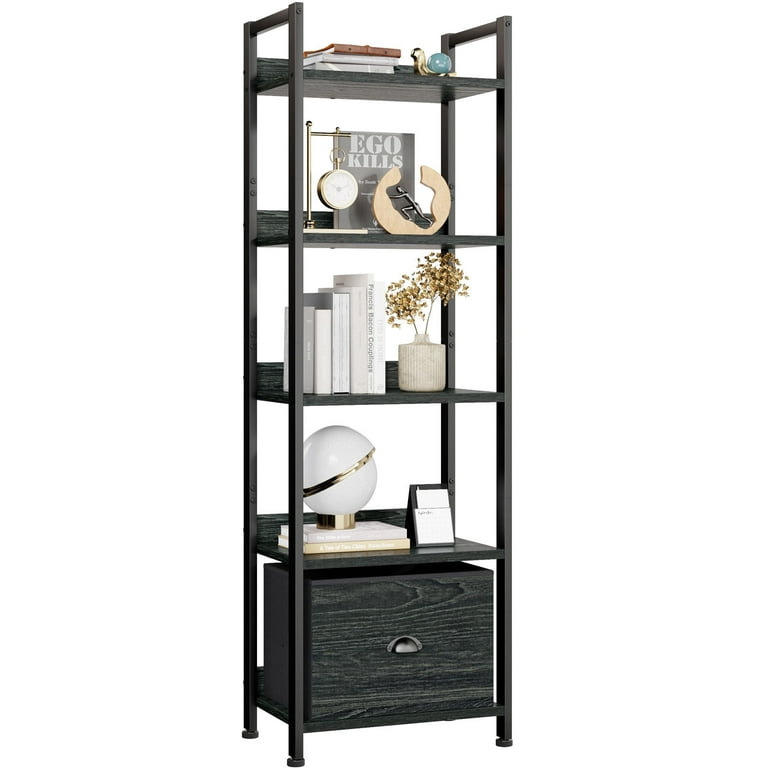 Furologee 5 Tier Wood Bookshelf with Drawer Slim Bakers Rack Indoor Storage Black Oak Walmart