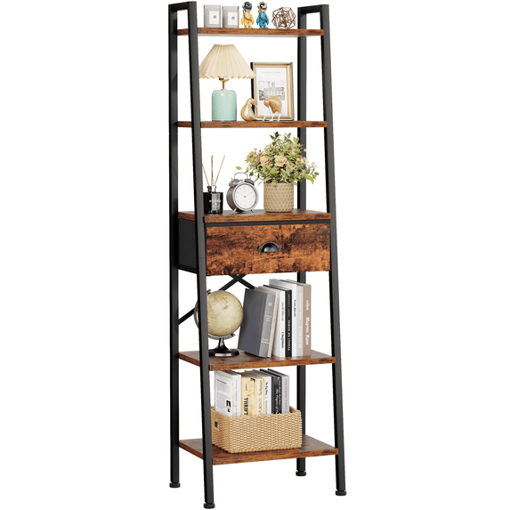 Furologee 5 Tier Ladder Shelf, Narrow Ladder Bookcase with Drawer, Storage Shelves Organizer for Bedroom, Living Room, Bathroom, Home Office, Rustic Brown