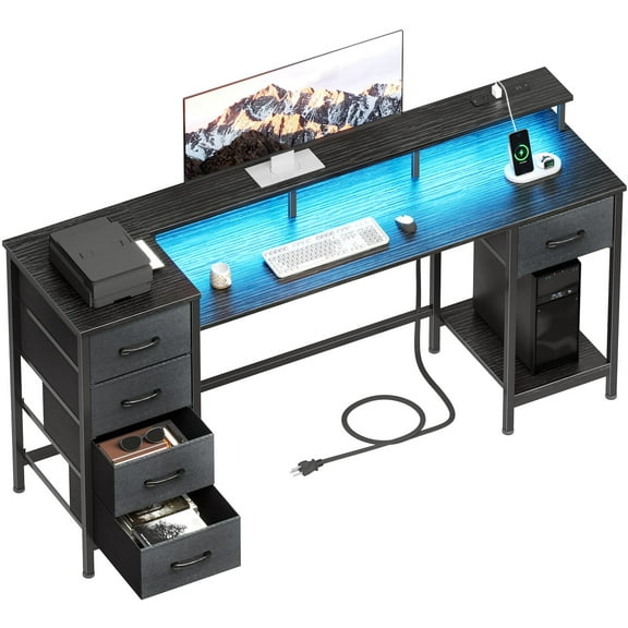 Furologee 55 Inch Computer Desk with 5 Fabric Storage Drawers,Gaming Desk with Power Outlets & LED Lights,Reversible Home Office Desk with Monitor Stand for Working Writing Study, Black