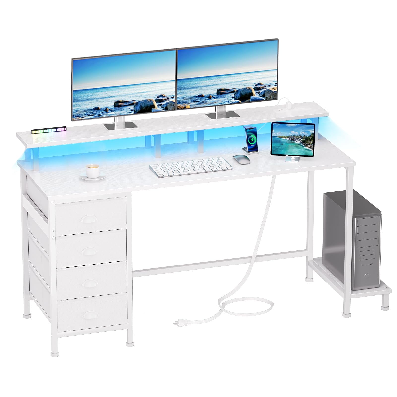 Furologee 55 Inch Computer Desk Gaming with 4 Fabric Drawers with Power ...