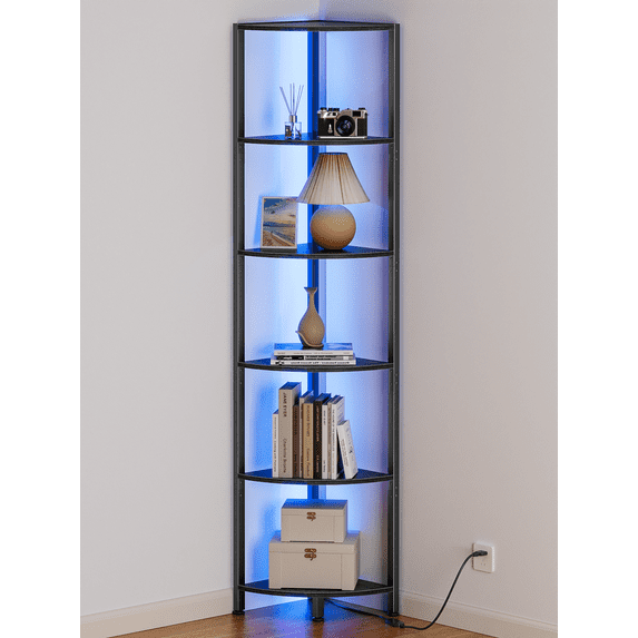 Furologee 6 Tier Corner Shelf with LED Light, 67.5” Tall Standing Shelf Organizer with Storage Rack for Wall Corner, Living Room, Bedroom,Black Oak