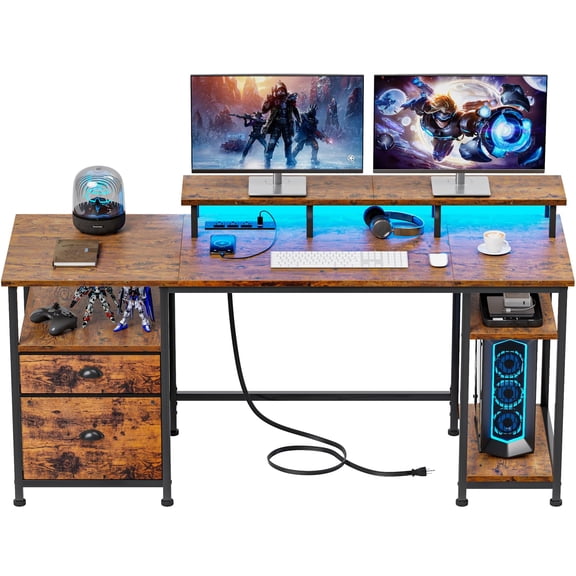 Furologee 61" Computer Desk with Power Outlet & LED Lights, Reversible Gaming Desk with File Cabinet & Monitor Stand for Home Office, Writing Study Table with Storage Shelves and Drawer, Rustic Brown