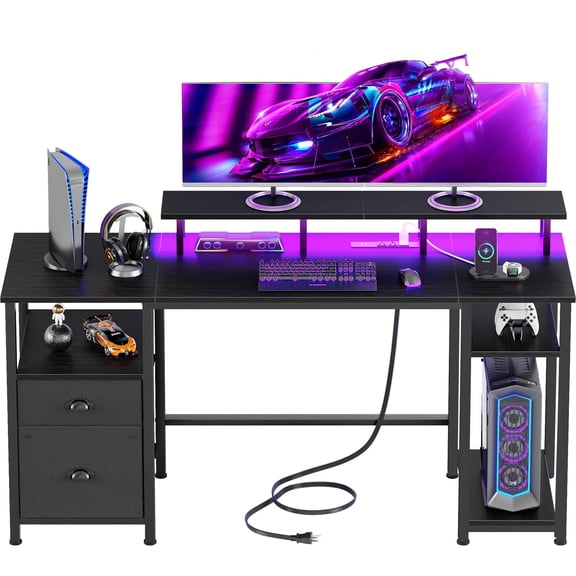 Furologee 61" Gaming Desk with Power Outlets & LED Lights, Reversible Computer Desk with File Cabinet & Monitor Stand for Home Office, Large Work Table with Storage Shelves & Drawer, Black