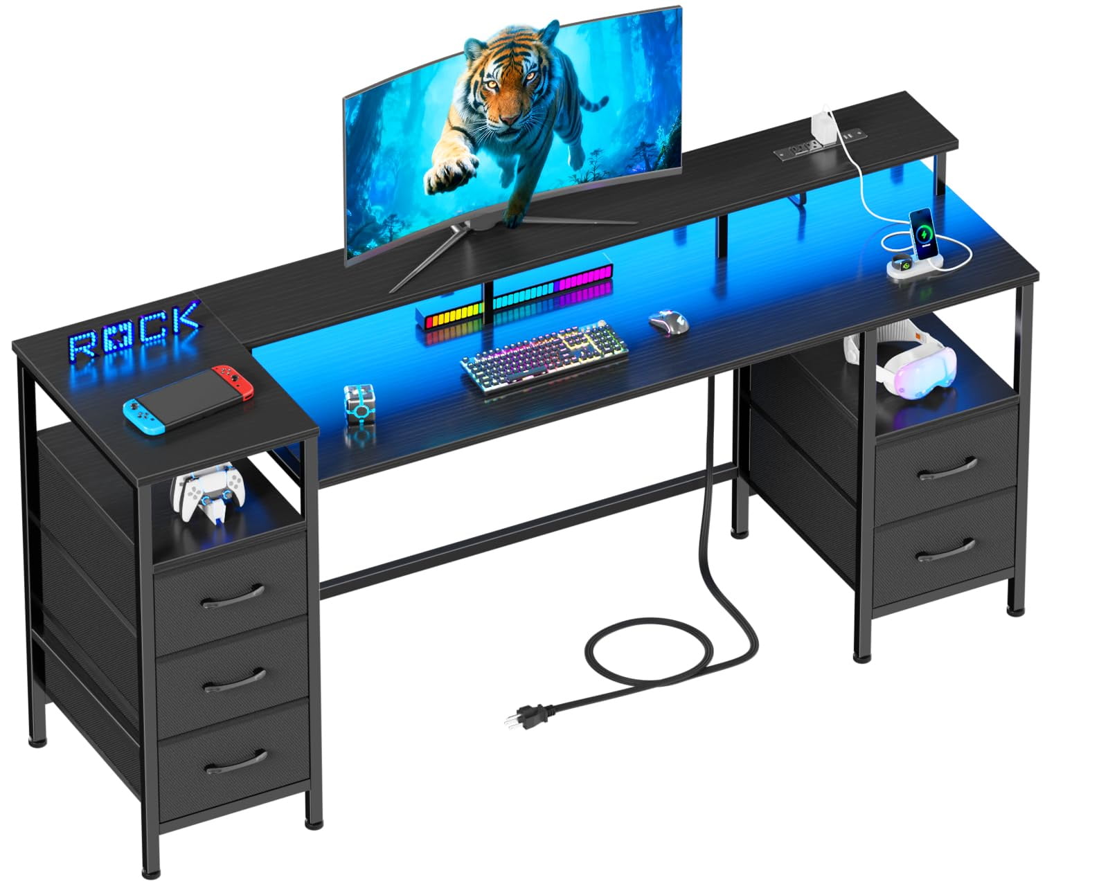 Furologee 61 Inch Computer Desk with 5 Fabric Storage Drawers,Gaming ...