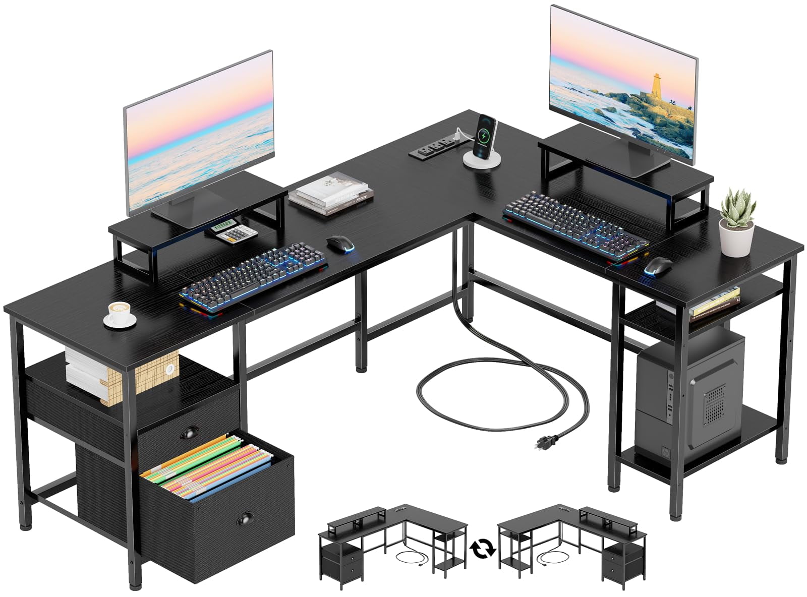 Furologee 66” L Shaped Desk with Power Outlet, Reversible Computer Gaming Desk with File Drawer & 2 Monitor Stands for Home Office with Storage Shelves, Black