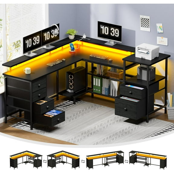 Furologee 66" L Shaped Gaming Desk with 6 Drawers & Printer Storage Shelves, Reversible Computer Corner Desk with Power Outlets&LED Lights,Home Office Table with Monitor Stand,110"2 Person Desk,Black