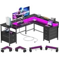 thumbnail image 1 of Furologee 66" Reversible L Shaped Gaming Desk with 6 Drawers & Printer Storage Shelves, Corner Computer Desk with Power Outlets & LED Lights, Home Office Table with Monitor Stand, Black, 1 of 9