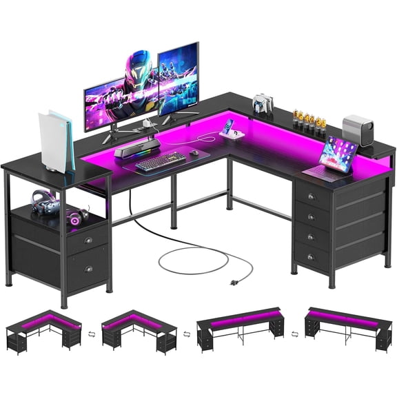 Furologee 66" Reversible L Shaped Gaming Desk with 6 Drawers & Printer Storage Shelves, Corner Computer Desk with Power Outlets & LED Lights, Home Office Table with Monitor Stand, Black
