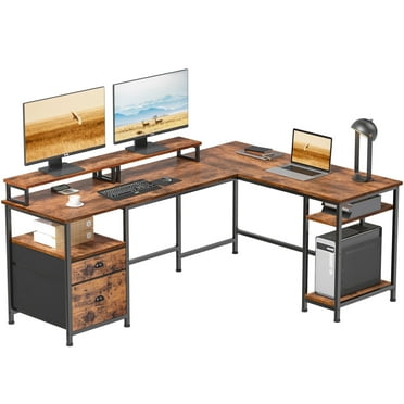 Furologee 66" Computer Desk, Adult Collection L-Shaped MultiFuntional Rustic Desk, Rustic Brown
