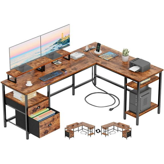 Furologee 66” L Shaped Desk with Power Outlet, Reversible Computer Gaming Desk with File Drawer & 2 Monitor Stands for Home Office with Storage Shelves, Rustic Brown