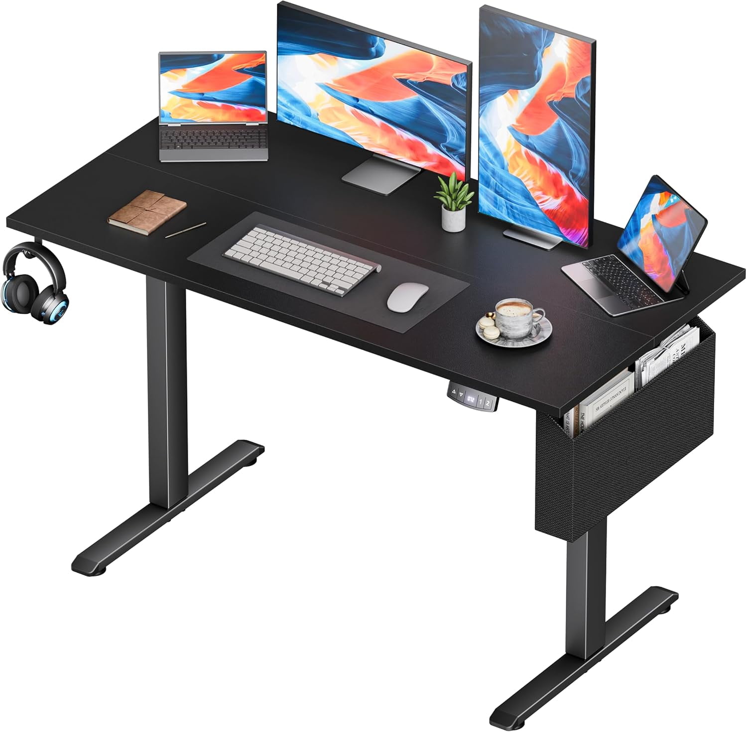 Furologee Electric Standing Desk, Sit to Stand Up Computer Desk with Storage Bag, Height Adjustable, Memory Presets for Home Office Gaming Workstations, 48 inch Study Table, Black