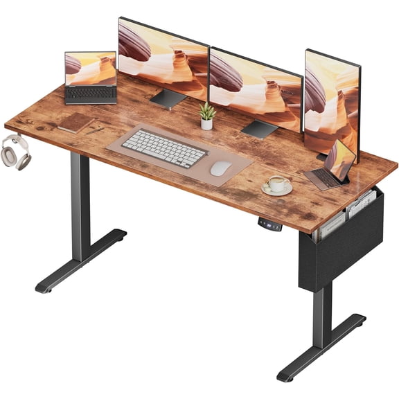 Furologee Electric Standing Desk, Sit to Stand Up Computer Desk with Storage Bag, Height Adjustable, Memory Presets for Home Office Gaming Workstations, 55 inch Study Table, Rustic Brown