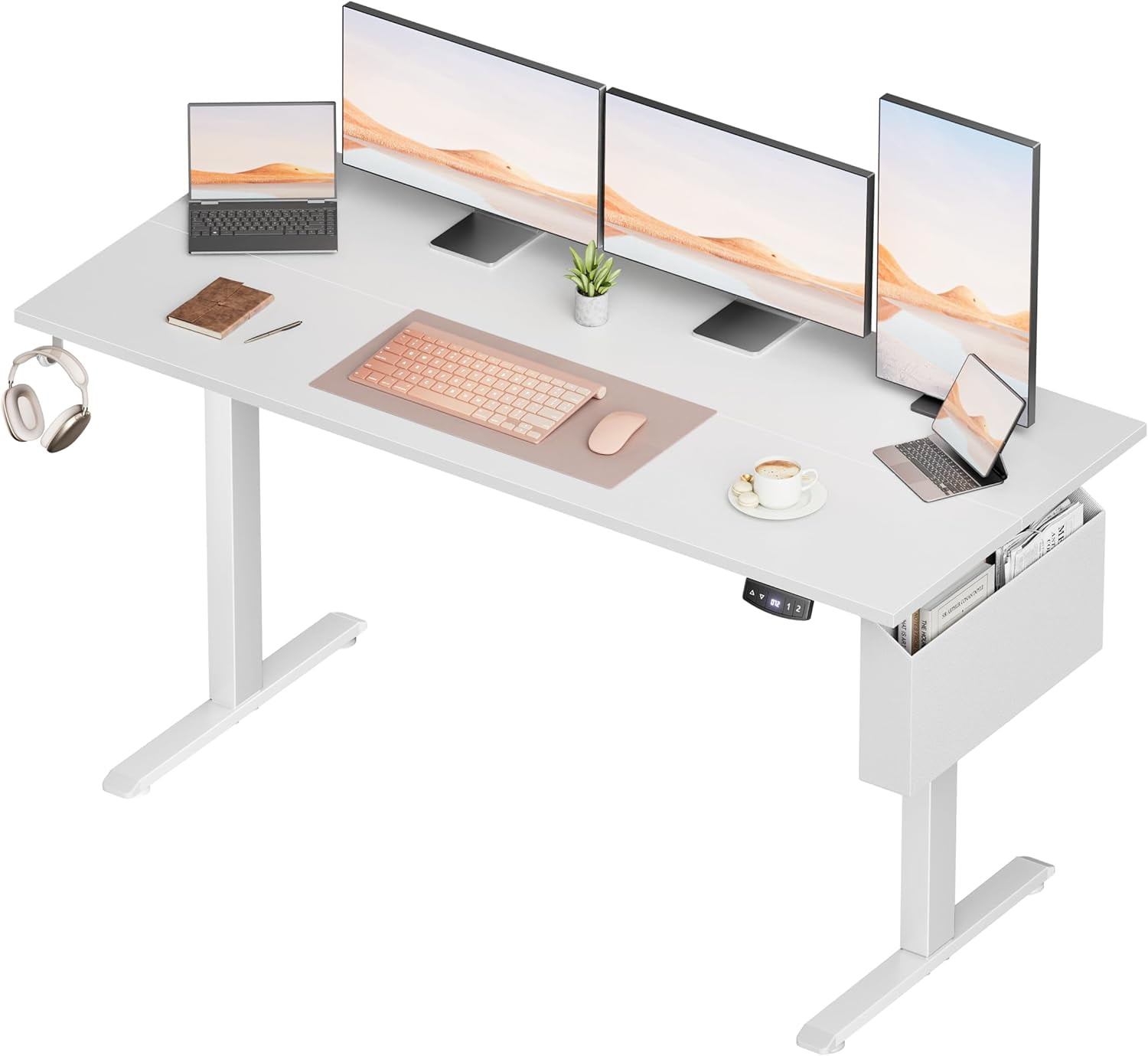Furologee Electric Standing Desk, Sit to Stand Up Computer Desk with Storage Bag, Height Adjustable, Memory Presets for Home Office Gaming Workstations, 55 x 24 inch Study Table, White