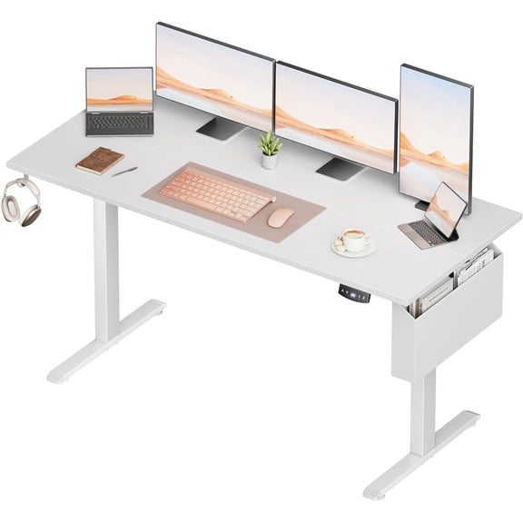 Furologee Electric Standing Desk, Sit to Stand Up Computer Desk with Storage Bag, Height Adjustable, Memory Presets for Home Office Gaming Workstations, 63 inch Study Table, White