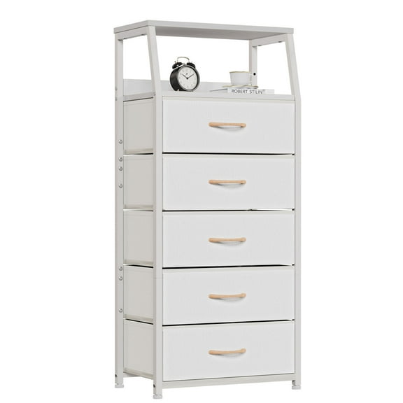 Furologee Fabirc Dresser for Bedroom with 5 Drawers, Tall Chest of Drawers for Living Room, Adults & Kids Nightstand, White