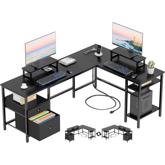 Furologee L Shaped Computer Desk with Power Outlet, Reversible Home Office Desk for Work Study, 50 Inch Corner Gaming Table with File Drawer, Monitor Stand, Storage Shelves, Rustic Brown