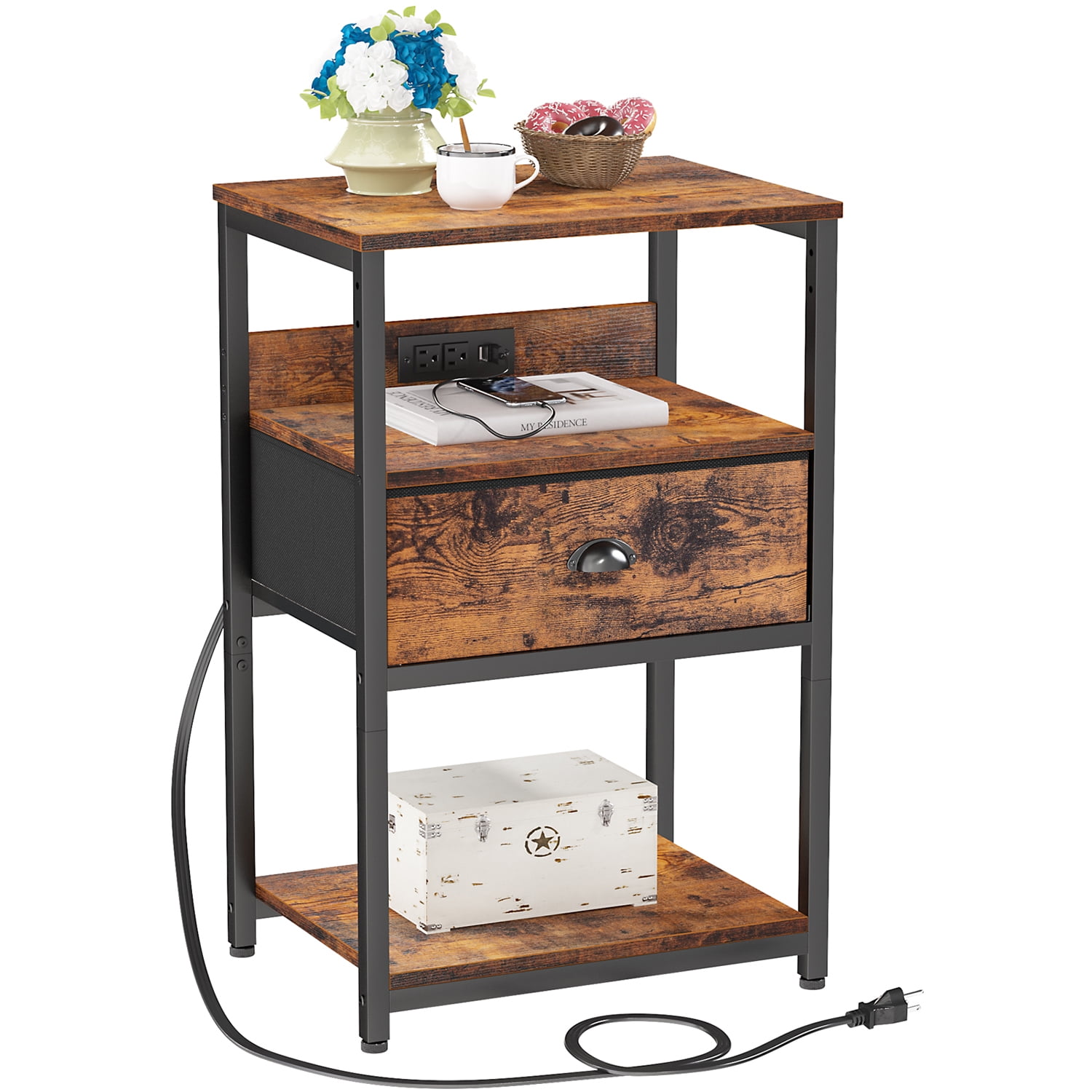 Furologee Nightstand with Charging Station, End Table with USB Ports