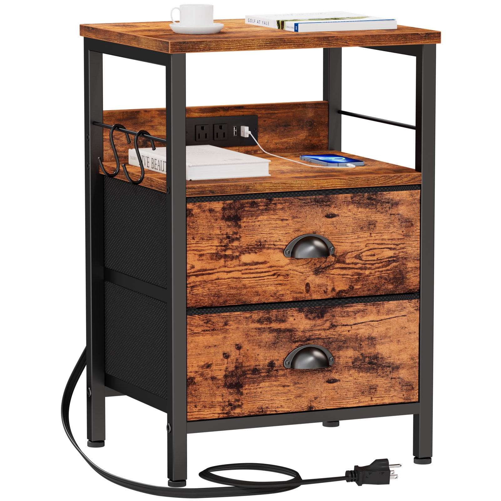 Furologee Nightstand with Charging Station, Side Table with USB Ports & Outlets, Night Stand