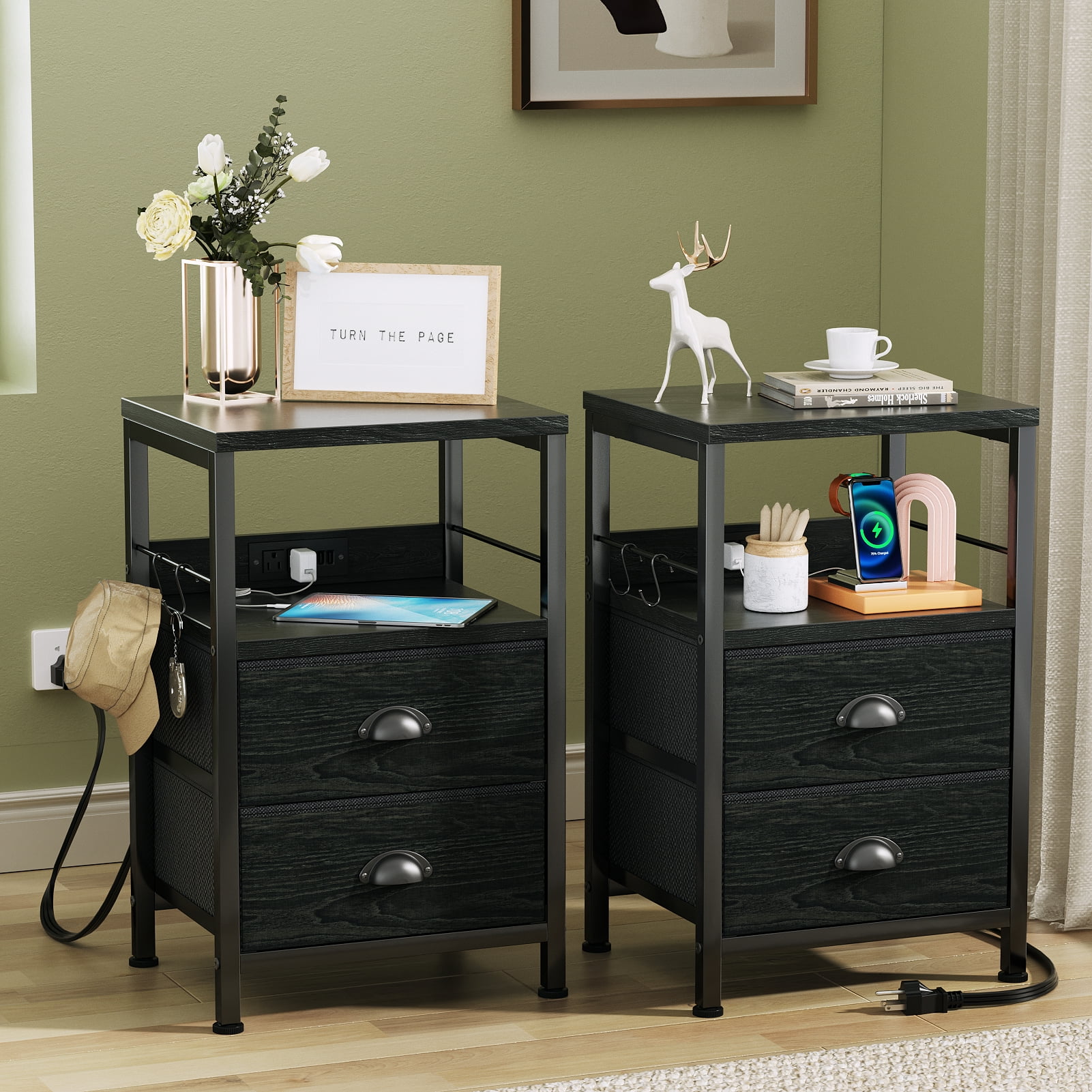 Furologee Nightstand Set of 2 with Charging Station, Bedside Table with USB Ports & Outlets, Night Stand with Storage Shelf & Hooks, End Table with Furologee Nightstand Set of 2 with Charging Station, Bedside Table with USB Ports & Outlets, Night Stand with Storage Shelf & Hooks, End Table with