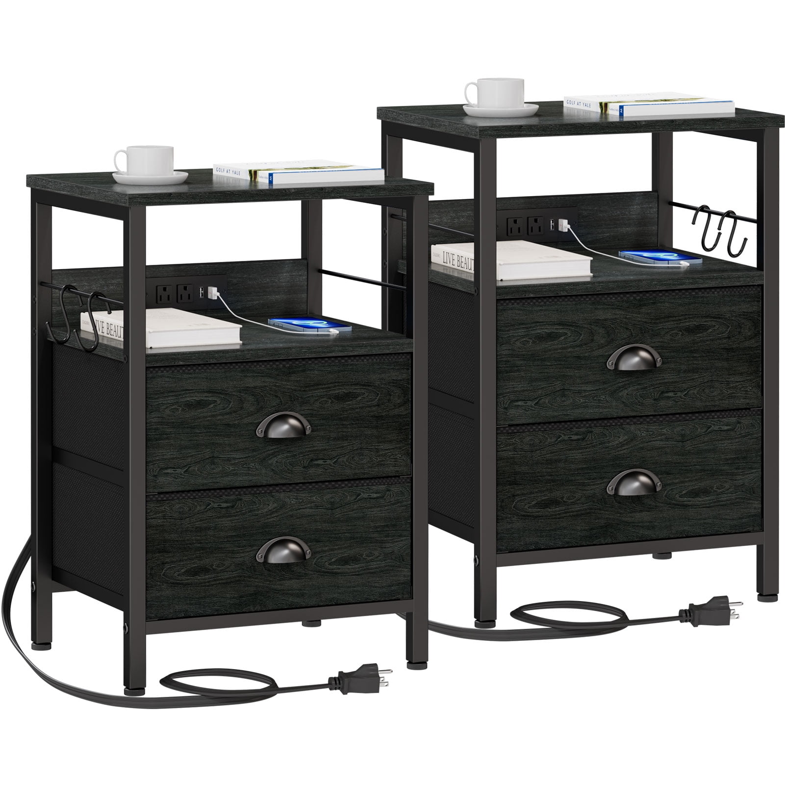 Furologee Nightstand Set Of 2 With Charging Station Bedside Table With