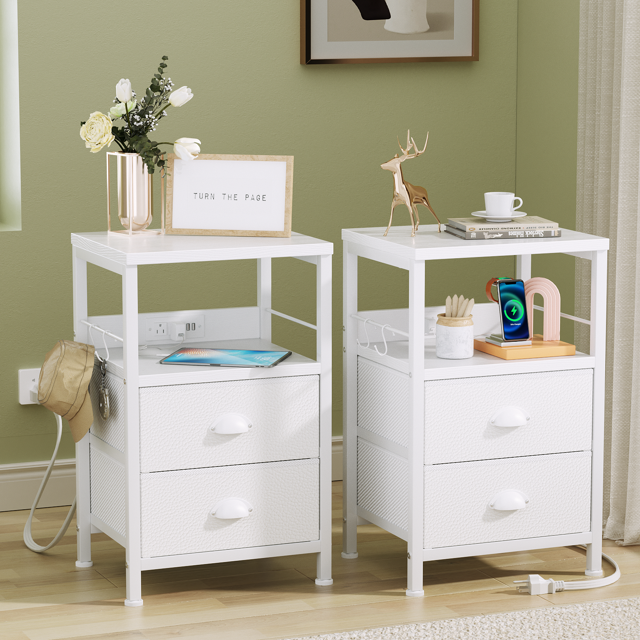 Furologee Nightstand Set of 2 with Charging Station, Bedside Table with USB Ports & Outlets